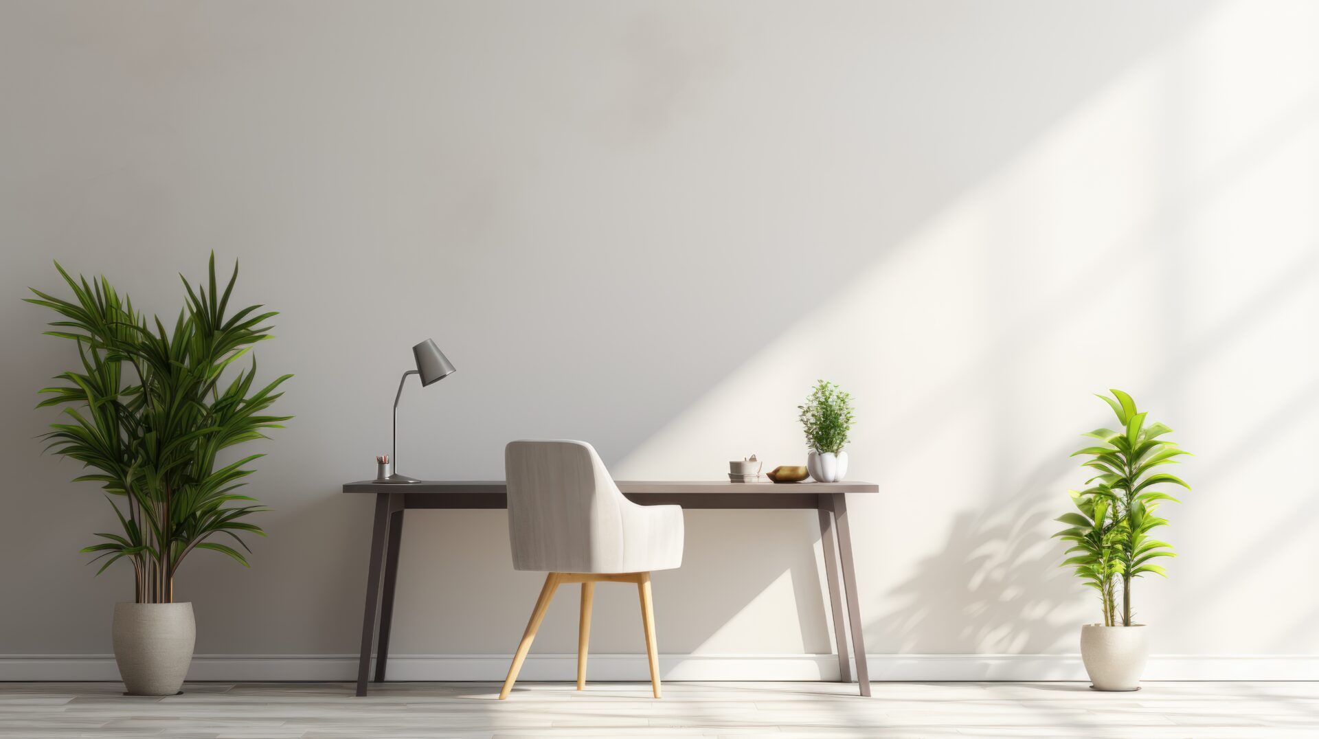 A minimalist home office with a white desk, a green plant, and ample natural light.